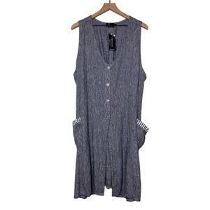 NWT Fenini Tunic Women L‎ Blue Sleeveless Button Front Tie Back Lagenlook Linen